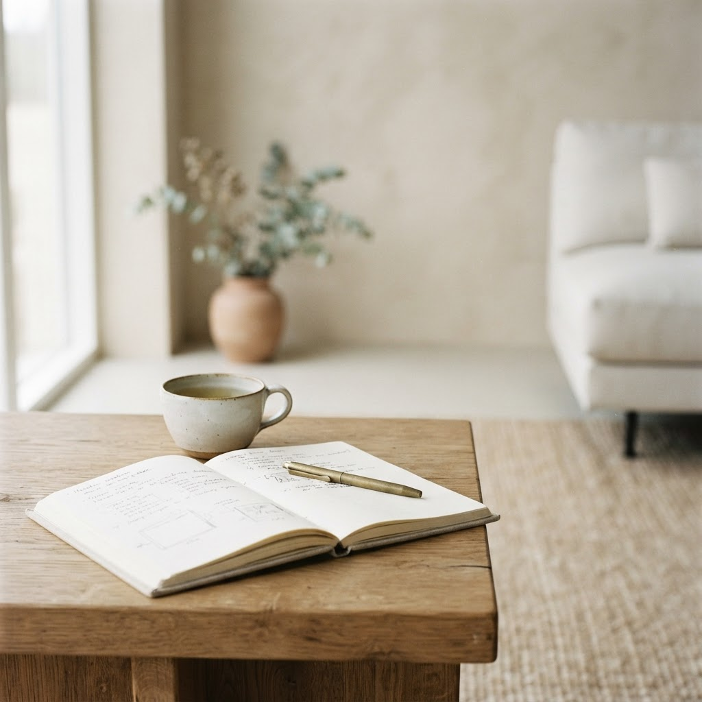 Detalhe de um ambiente sereno com caderno e xícara
