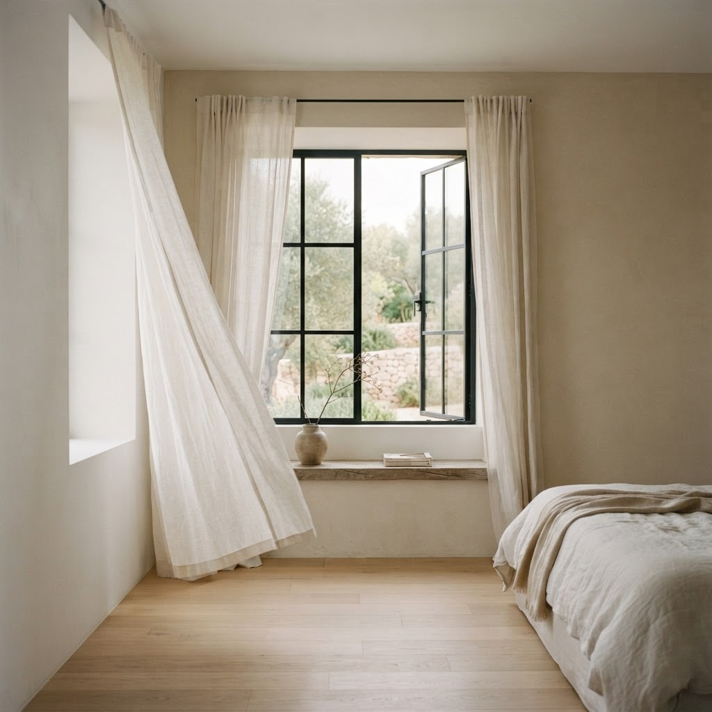 Cortinas leves ao vento com luz natural suave